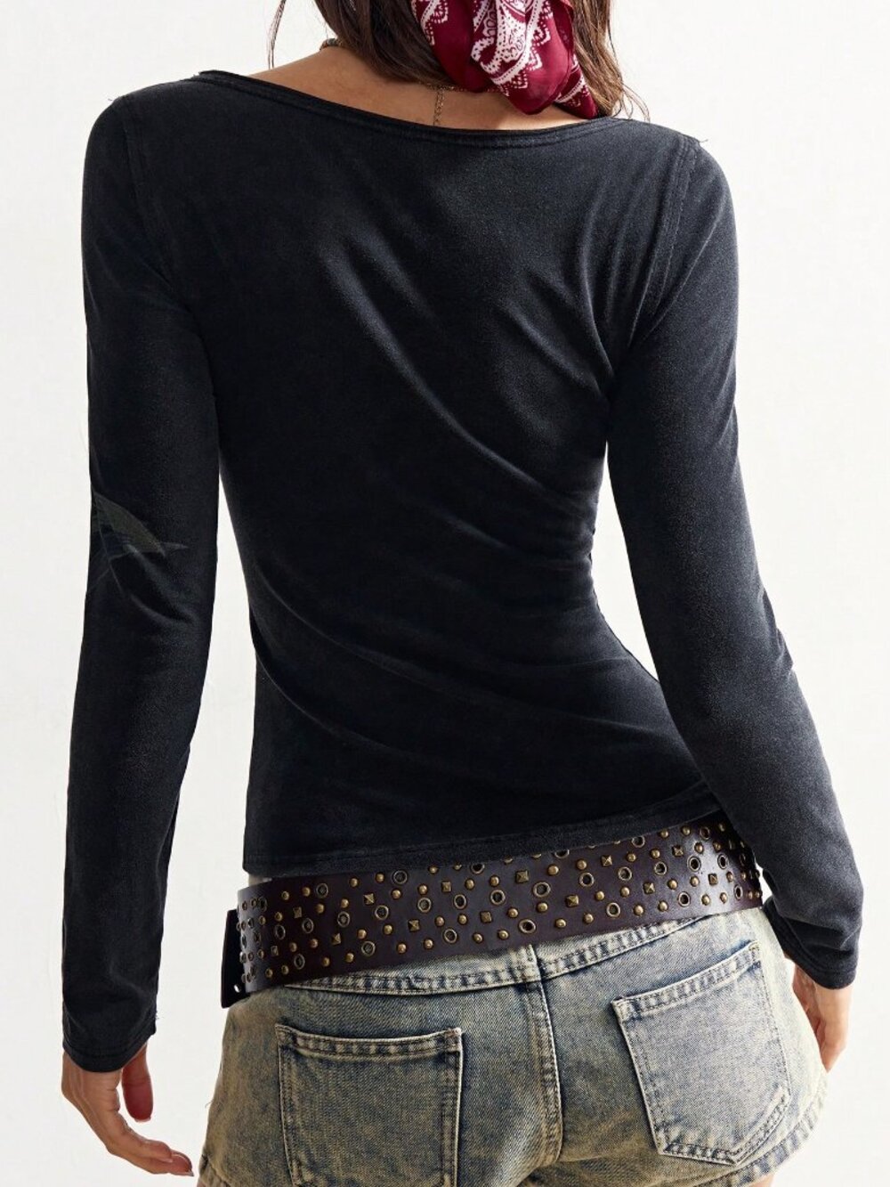 Black Casual Women's Boho Floral Graphic Knit One-Shoulder Long Sleeve T-Shirt - Picture 2 of 5